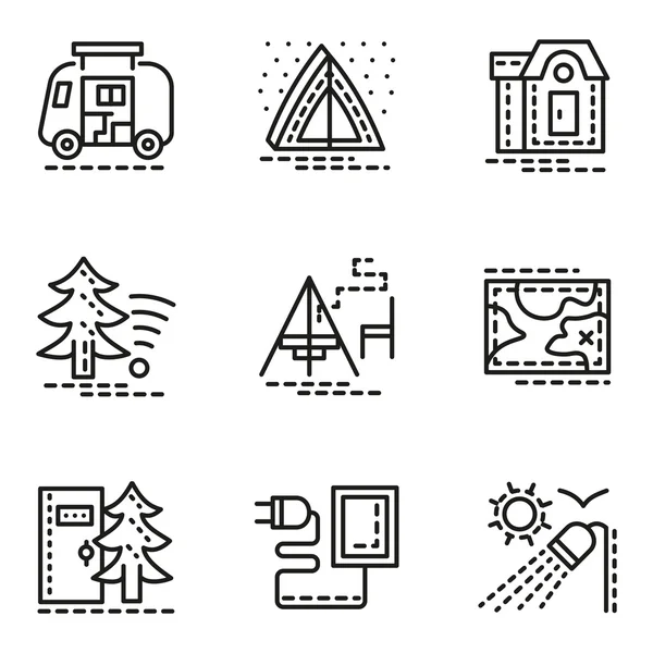 Elemente des Campingplatzes einfache Linie Symbole gesetzt — Stockfoto