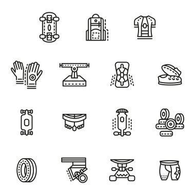 Longboards satırı için aksesuarlar Icons set vektör