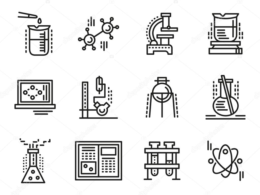 Chemistry symbols simple line vector icons set