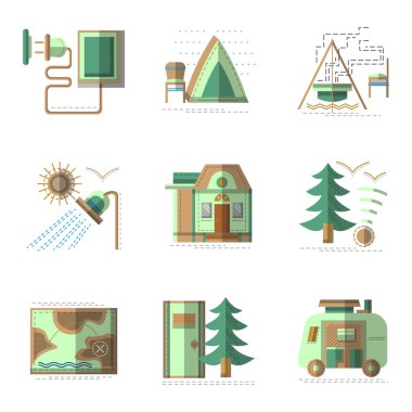 Camping flat color vector icons set