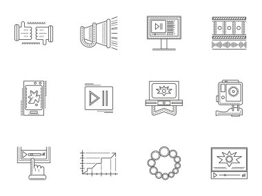 İnce çizgi stili video bloglama vektör simgeler