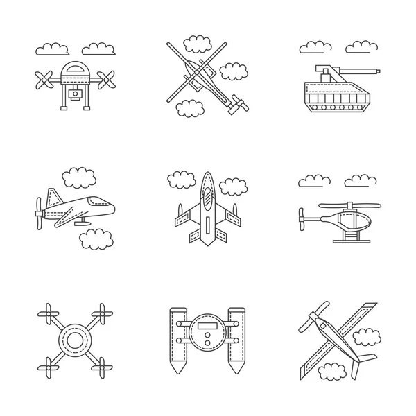 Conjunto de iconos vectoriales lineales de drones militares — Archivo Imágenes Vectoriales