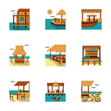 Düz stil kafe ve bungalow vector Icons set