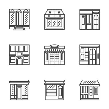 Mağaza ve kafe cephede düz çizgi vektör simgeler