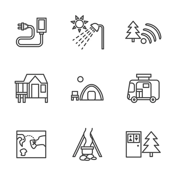 Forest camping black flat line vector icons — Stock Vector
