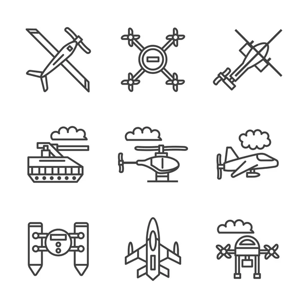 Vehículos militares no tripulados iconos de línea vectorial plana — Vector de stock