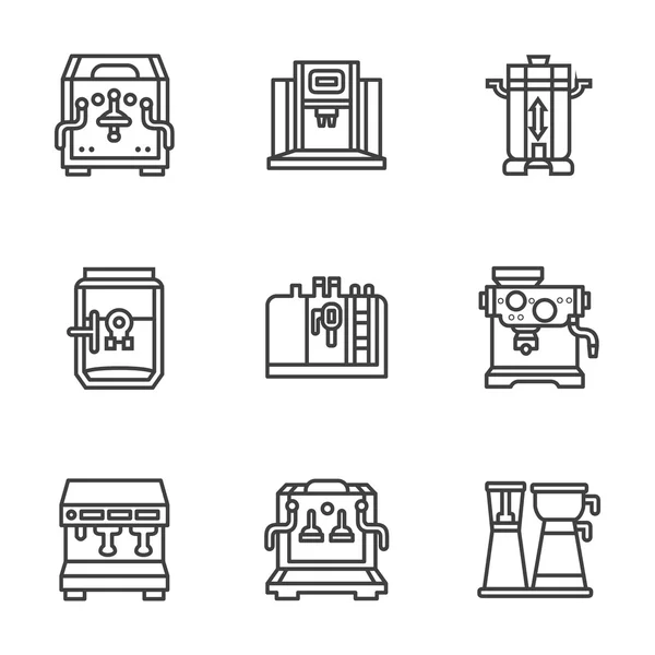 Maszyny płaskie Czarna linia kawy wektorowe ikony — Wektor stockowy