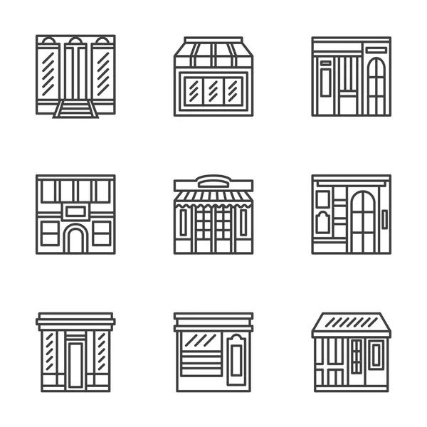 Tienda y café frentes línea plana vector iconos — Vector de stock