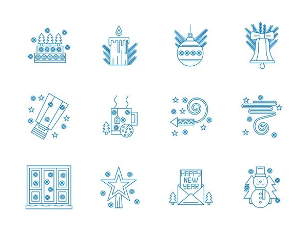 Flat blue line New Year vector icons set — Stock vektor