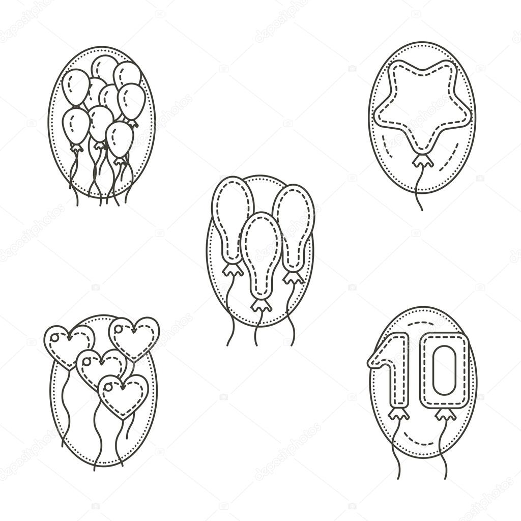 Different balloons flat line icons vector set