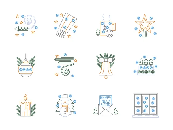 Flat color vector line Christmas icons set — ストックベクタ
