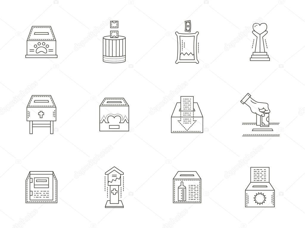 Donation boxes thin line icons vector collection