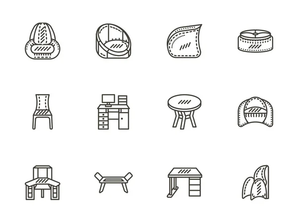 Cadeiras e mesas conjunto de ícones vetoriais de linha plana — Vetor de Stock