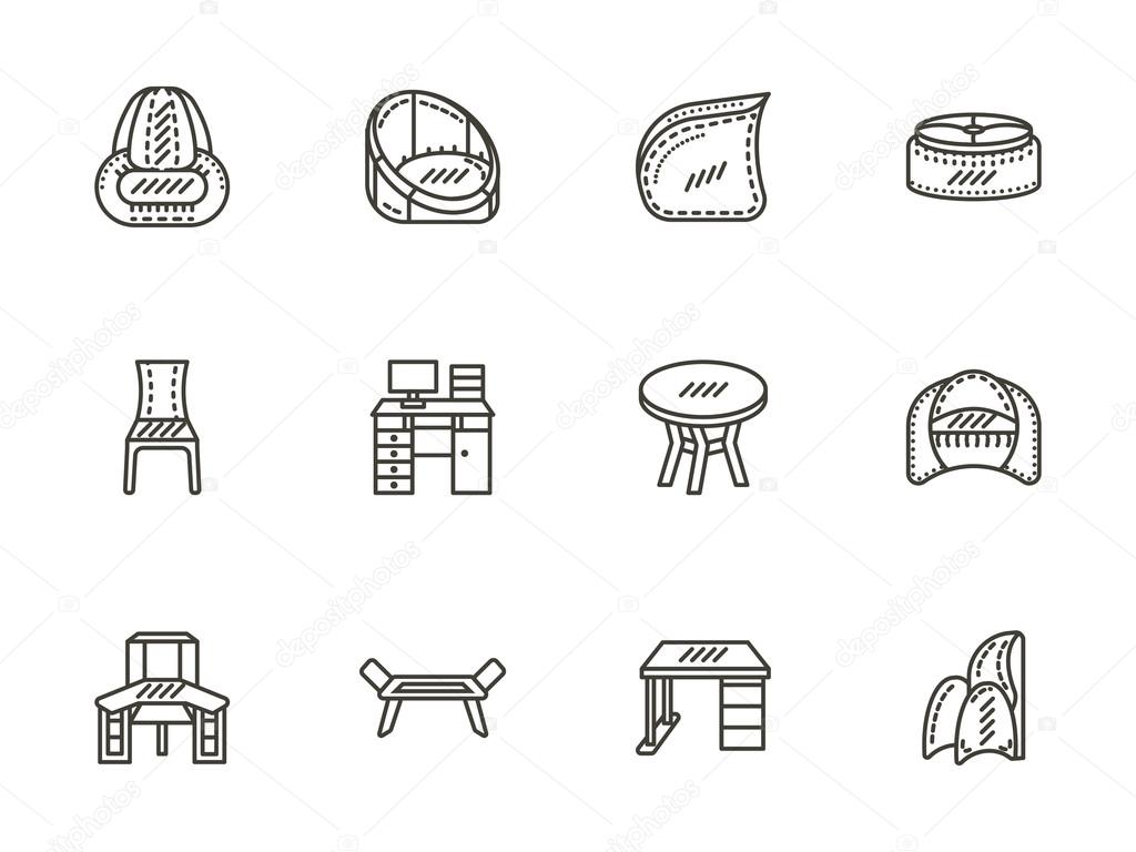Chairs and tables flat line vector icons set