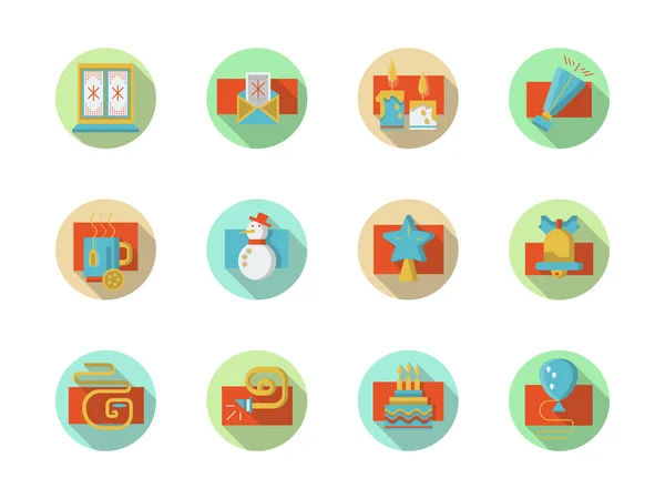 Set di icone vettoriali rotonde colorate per vacanze invernali — Vettoriale Stock