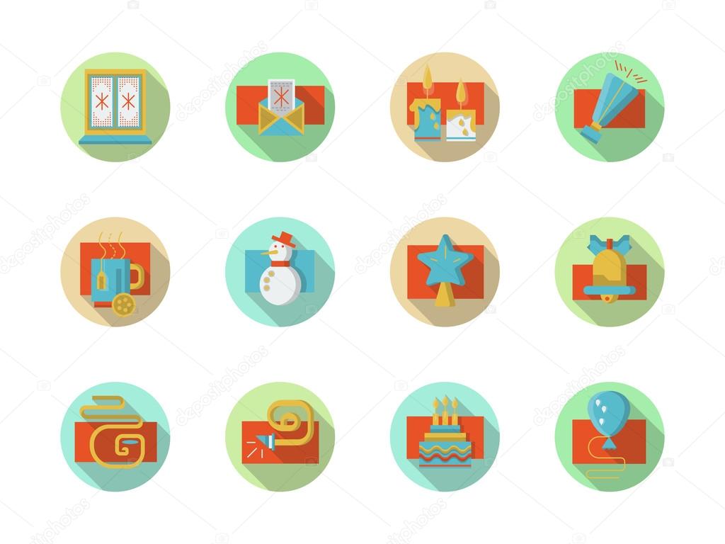Winter holidays colored round vector icons set