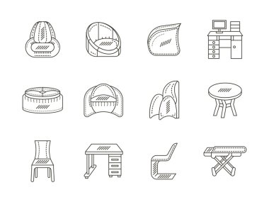 Linear tables and chairs icons vector collection