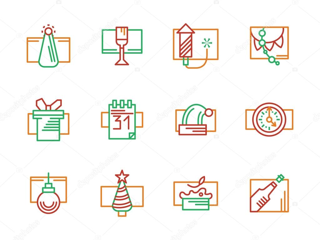 New Year and Christmas color line vector icons