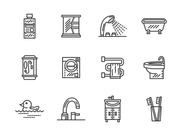 Черные векторные иконы в ванной комнате — стоковый вектор