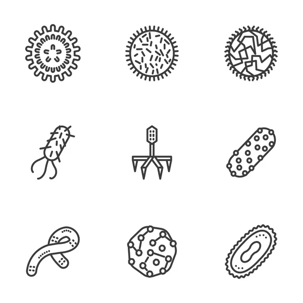 Conjunto de iconos vectoriales de línea negra de bacterias y virus — Vector de stock