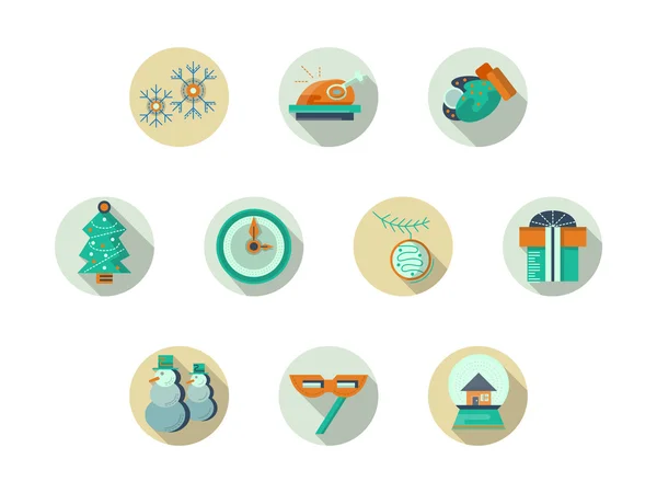 Atributos de Navidad conjunto de iconos de vector plano redondo — Archivo Imágenes Vectoriales