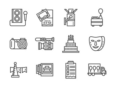 Olay ajansı siyah basit çizgi vektör Icons set
