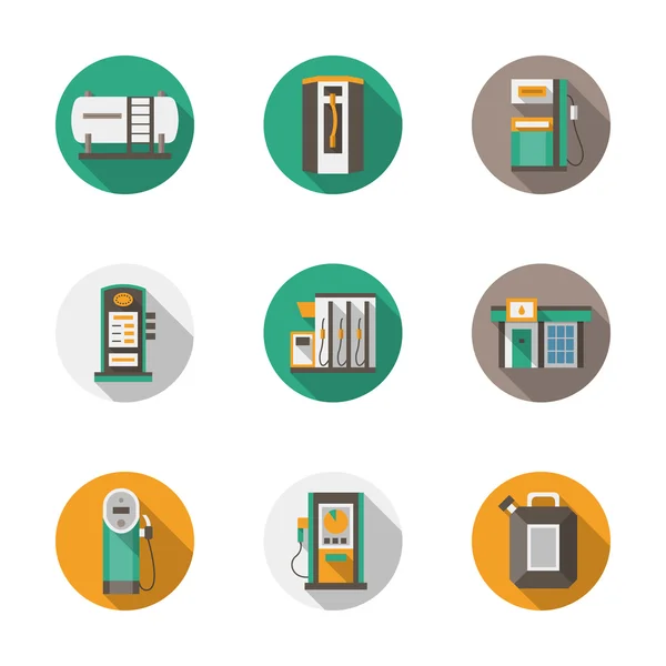 Round flat style gas station vector icons — Stok Vektör