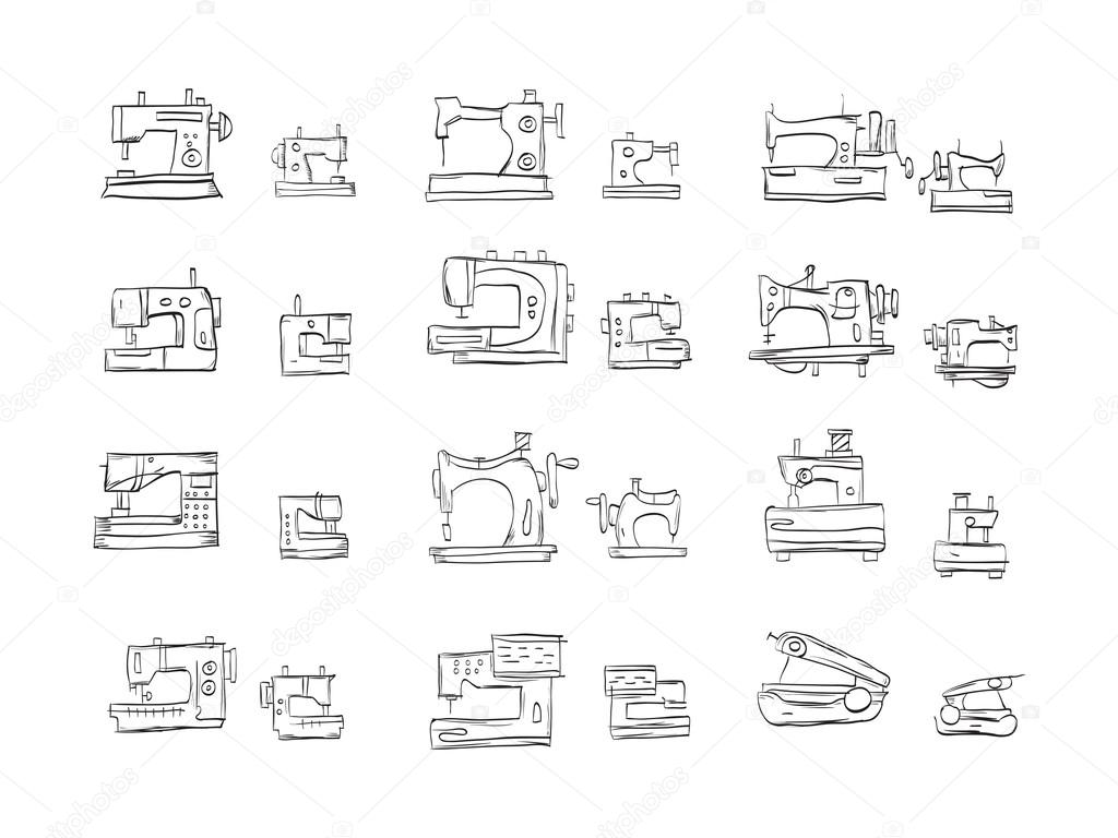 Sketch icons vector collection for sewing machine