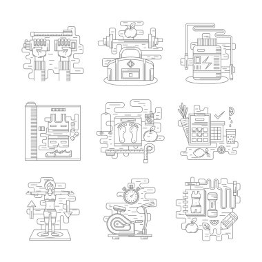 Fitness vector icons set flat line style