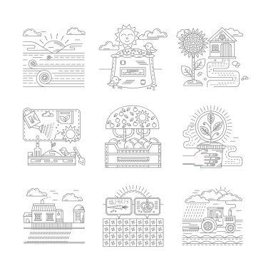 Agricultural farm vector icons set flat line style