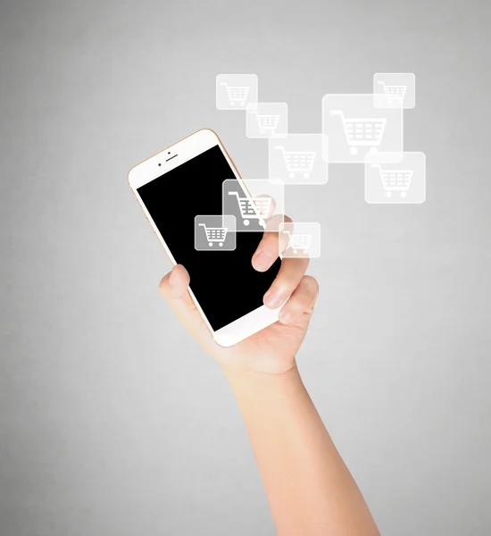 Pekskärm smartphone i en hand — Stockfoto