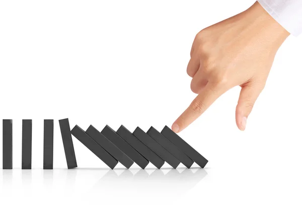 Hand stop  dominoes continuous toppled — Stock Photo, Image