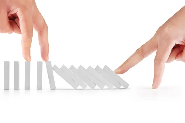 Hand stop  dominoes continuous toppled — Stock Photo, Image