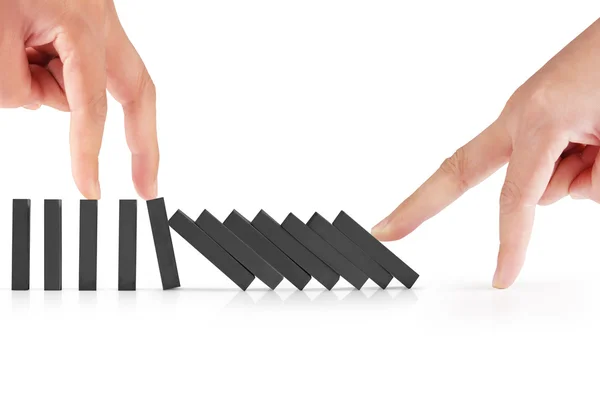 Hand stop  dominoes continuous toppled — Stock Photo, Image