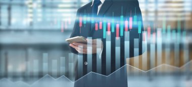 Akıllı telefon elinde ve grafik büyümesi planlıyor ve işinde grafik pozitif göstergeleri artırıyor