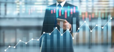 Akıllı telefon elinde ve grafik büyümesi planlıyor ve işinde grafik pozitif göstergeleri artırıyor