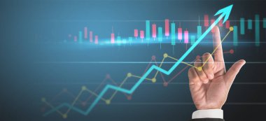 İşadamı, işinde grafik büyümesi ve grafik artışı için olumlu göstergeler planlıyor