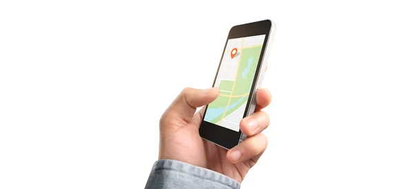 Ręczne Trzymanie Smartfona Dotykając Ekranu Mapy Gps Navigator — Zdjęcie stockowe