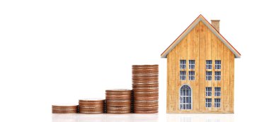 Bozuk para yığını ev modeli konut, ev ve emlak konsepti için tasarruf planları