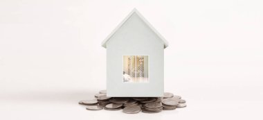 Bozuk para yığını ev modeli konut, ev ve emlak konsepti için tasarruf planları