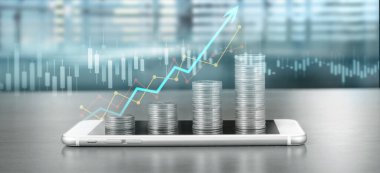 Akıllı telefon ekranı büyüyen madeni para yığınları ve işinde pozitif göstergelerin yanında