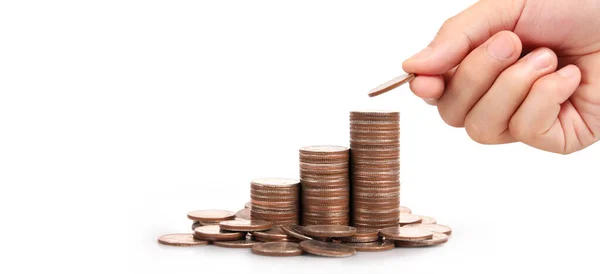 Coins Stacked Each Other Different Positions Hand Business Casual Money — Stock Photo, Image