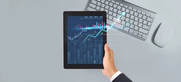 Affärsplan Graftillväxt Och Ökning Diagram Positiva Indikatorer Sin Verksamhet Tablett — Stockfoto