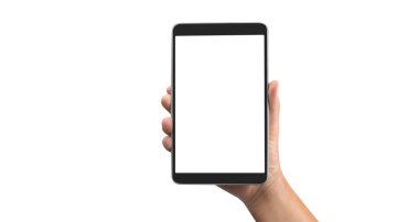 Tableti tutan eller izole ekran ile bilgisayar aygıtına dokunur