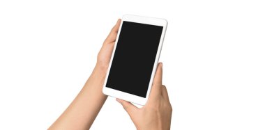 Tableti tutan eller izole ekran ile bilgisayar aygıtına dokunur