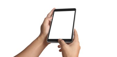 Tableti tutan eller izole ekran ile bilgisayar aygıtına dokunur