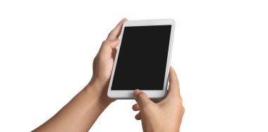 Tableti tutan eller izole ekran ile bilgisayar aygıtına dokunur