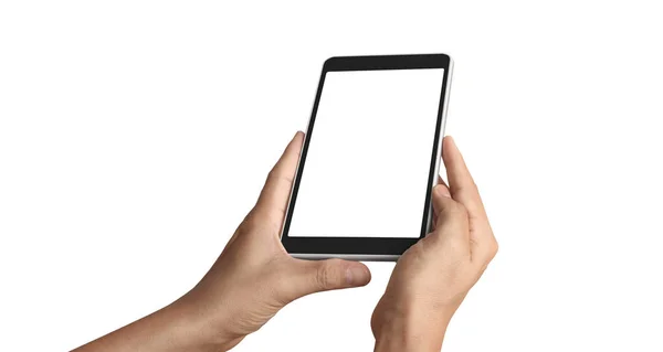 Hände Halten Tablet Touch Computer Gadget Mit Isoliertem Bildschirm — Stockfoto