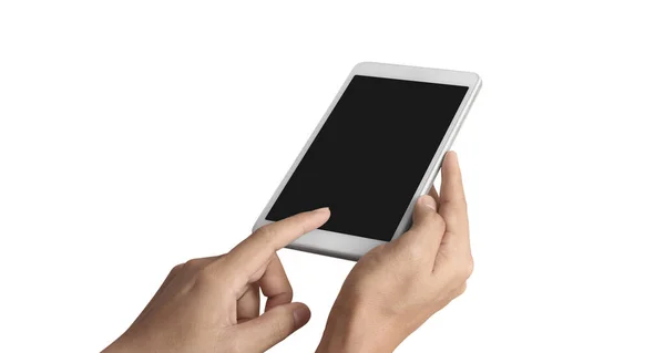 Mani Che Tengono Gadget Tablet Touch Computer Con Schermo Isolato — Foto Stock