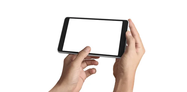 Händerna Håller Tablett Touch Dator Gadget Med Isolerad Skärm Stockbild